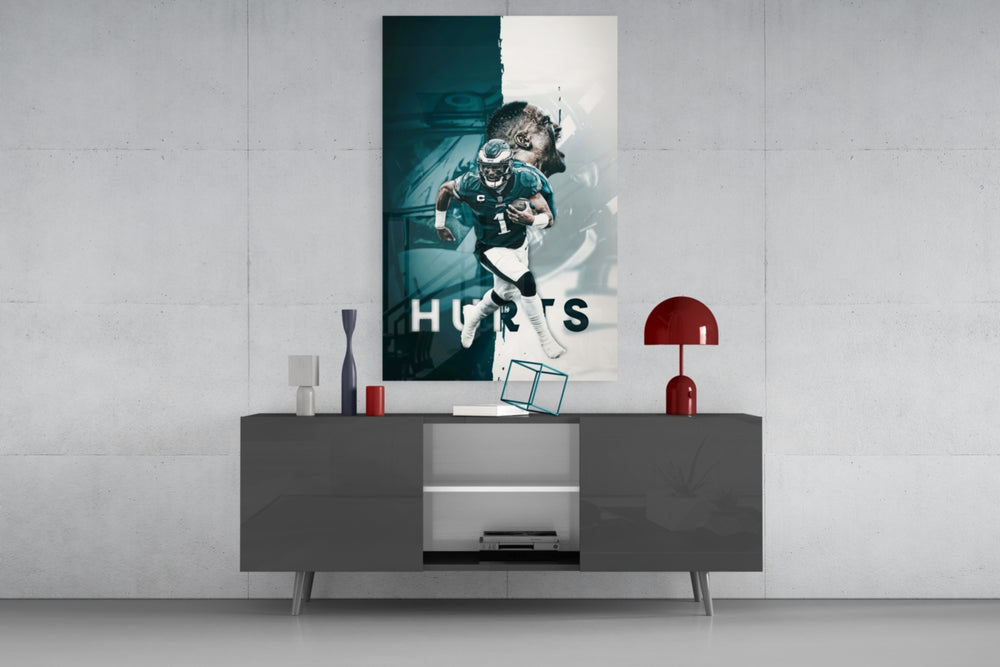 Jalen Hurts glass wall art catching light to reveal its painted typography