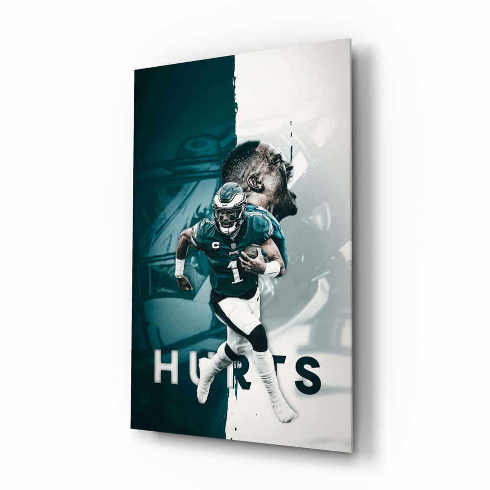 Jalen Hurts glass wall art in a modern home cinema