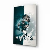 Jalen Hurts glass wall art in a modern home cinema