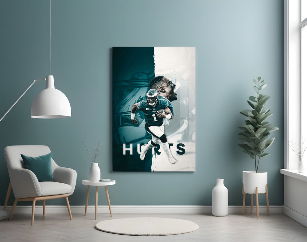 Jalen Hurts artwork styled in a sports den interior