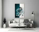 Close-up detail of Jalen Hurts split-portrait behind glass