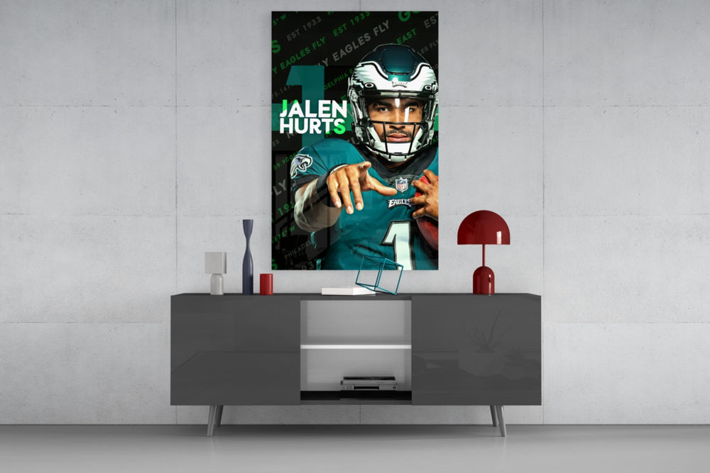 Jalen Hurts glass wall art catching light to reveal its painted typography