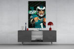 Jalen Hurts glass wall art catching light to reveal its painted typography