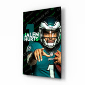 Jalen Hurts glass wall art in a modern home cinema