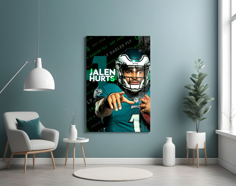 Jalen Hurts artwork styled in a sports den interior