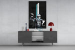 Carson Wentz glass wall art catching light to reveal its painted stripe