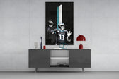 Carson Wentz glass wall art catching light to reveal its painted stripe