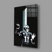 NFL poster panel anchoring a man cave wall