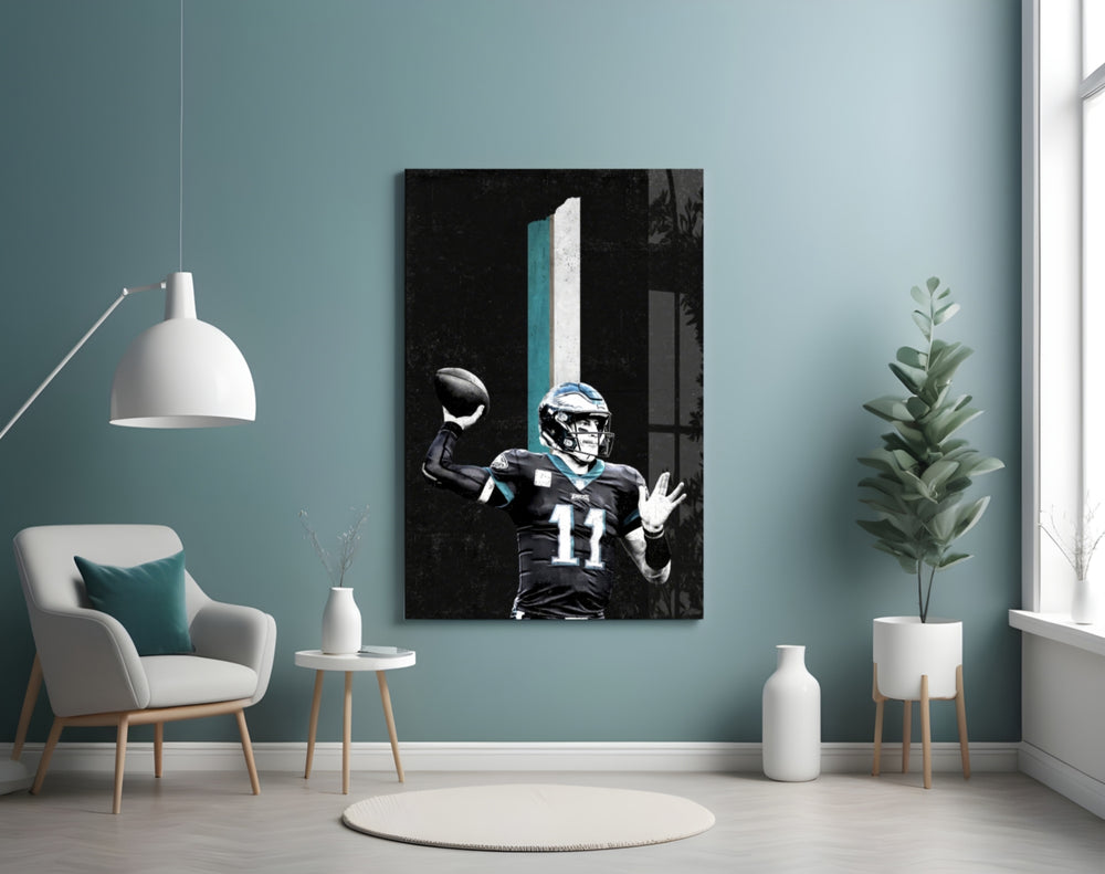 Carson Wentz artwork styled in a sports den interior