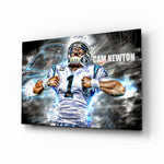 Cam Newton glass wall art in a modern home cinema