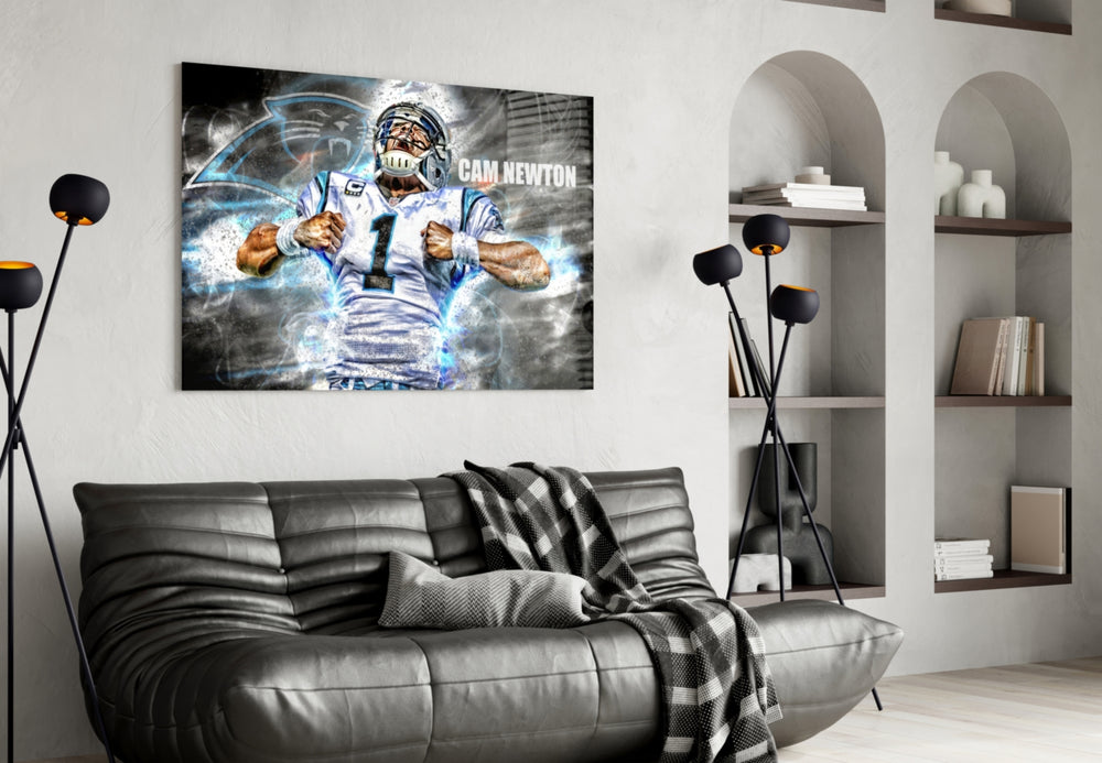 Cam Newton artwork styled in a sports den interior