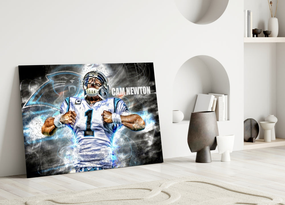 Close-up detail of Cam Newton roaring in plasma smoke behind glass