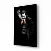 Joker glass wall art in a modern home cinema