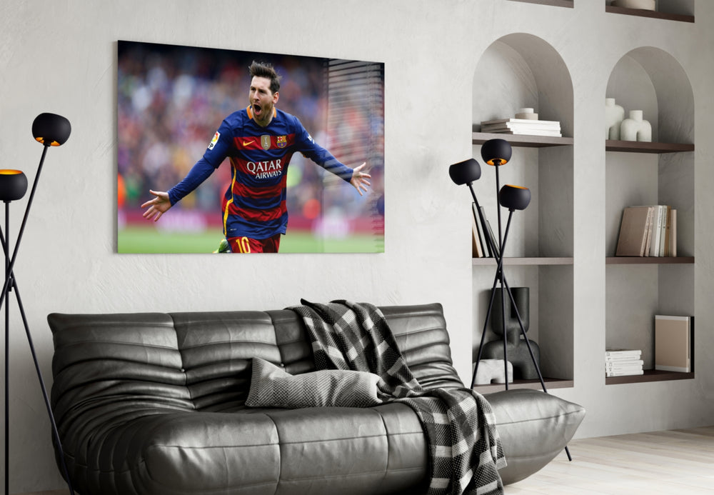 Messi artwork styled in a sports den interior