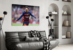 Messi artwork styled in a sports den interior