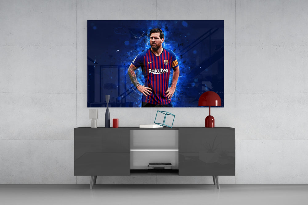 Messi glass wall art catching light to reveal its painted plasma