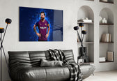Messi artwork styled in a sports den interior