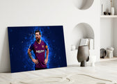 Close-up detail of Messi cobalt plasma portrait behind glass