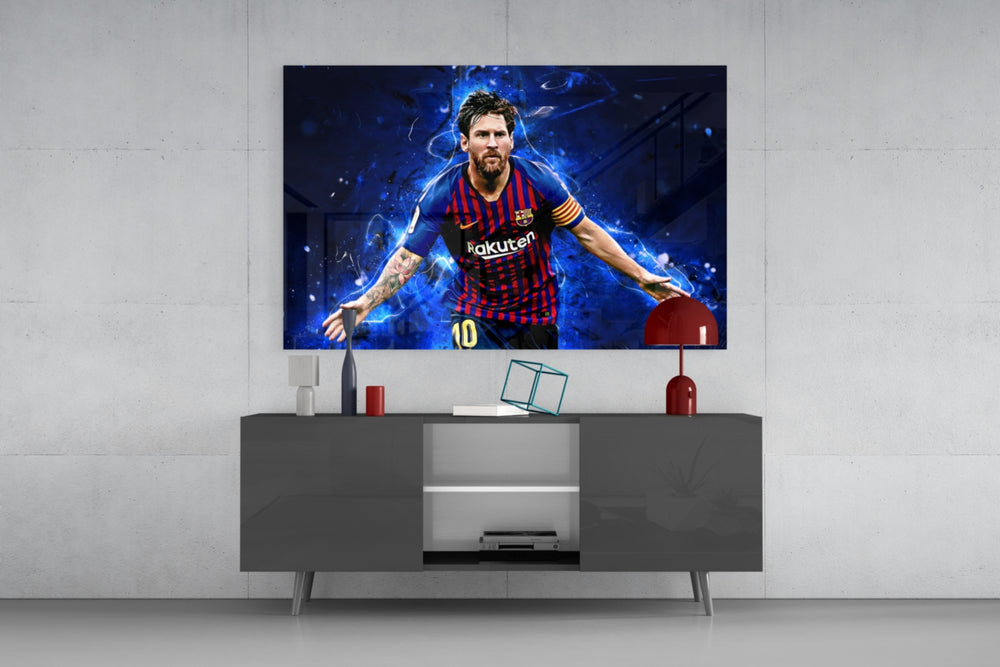 Messi glass wall art catching light to reveal its painted plasma