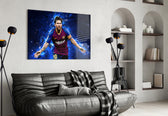 Messi artwork styled in a sports den interior