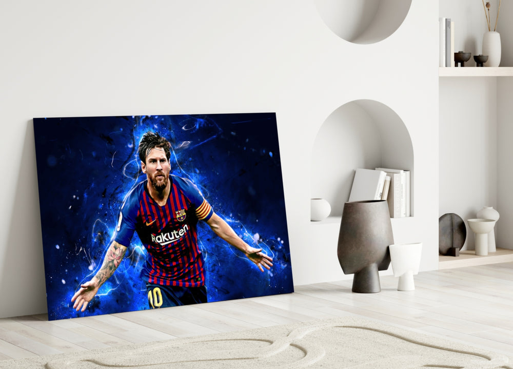 Close-up detail of Messi cobalt celebration behind glass