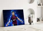Close-up detail of Messi cobalt celebration behind glass
