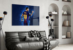Messi artwork styled in a sports den interior
