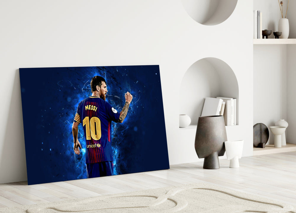 Close-up detail of Messi cobalt back portrait behind glass