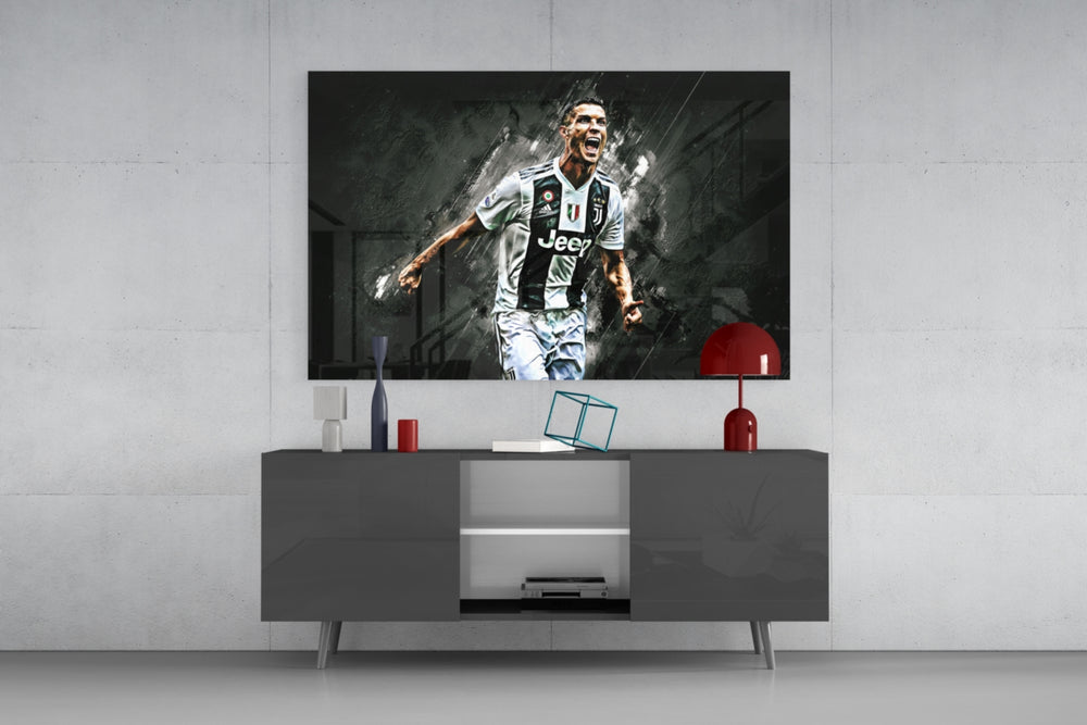 Cristiano Ronaldo glass wall art catching light to reveal its painted grunge