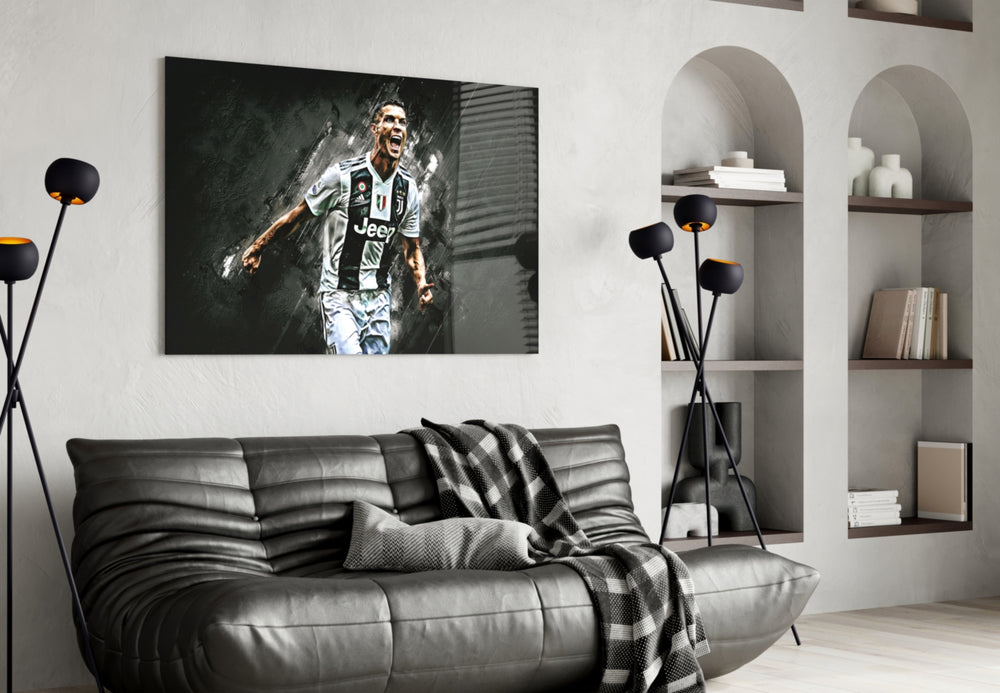 Cristiano Ronaldo artwork styled in a sports den interior