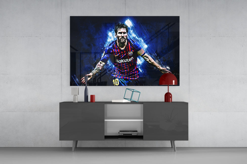 Messi glass wall art catching light to reveal its painted grunge