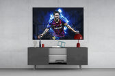 Messi glass wall art catching light to reveal its painted grunge