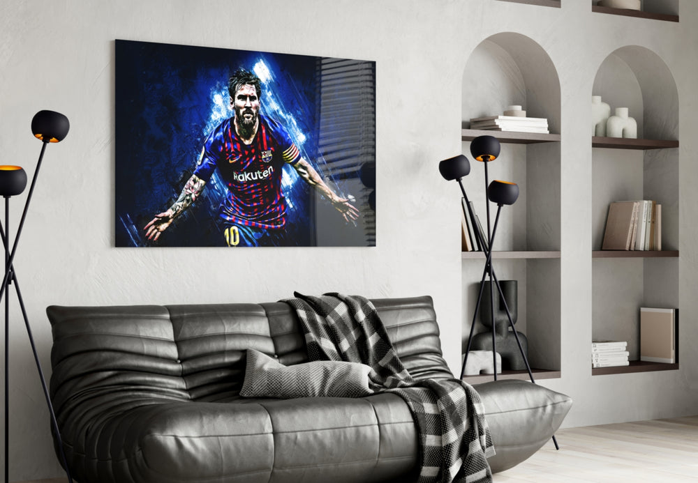 Messi artwork styled in a sports den interior