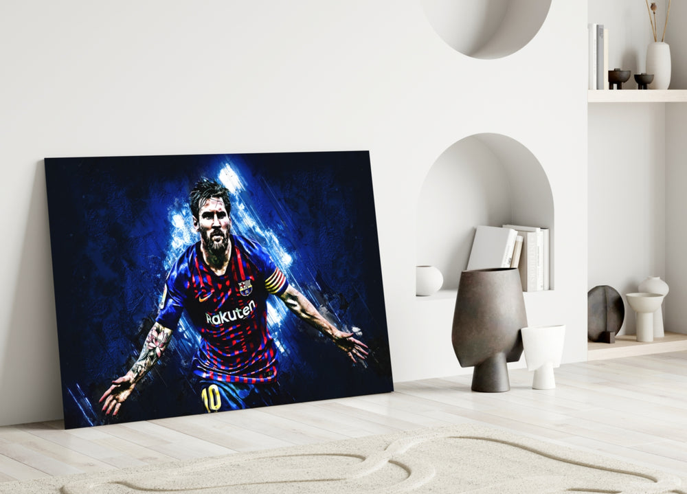 Close-up detail of Messi grunge celebration behind glass