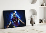 Close-up detail of Messi grunge celebration behind glass