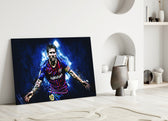 Close-up detail of Messi grunge celebration behind glass