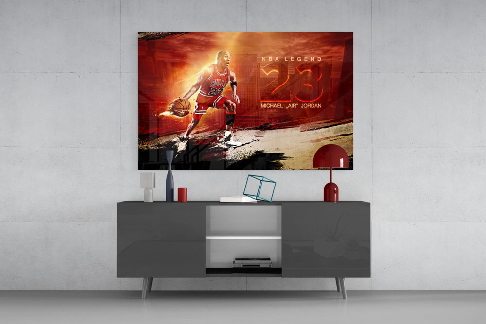 Michael Jordan glass wall art catching light to reveal its painted skyline
