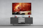 Michael Jordan glass wall art catching light to reveal its painted skyline
