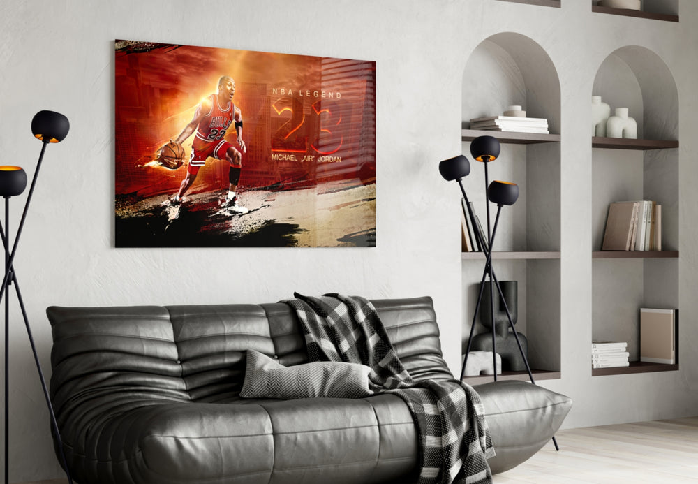 Michael Jordan artwork styled in a sports den interior