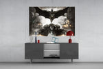 Batman glass wall art catching light to reveal its painted Gotham