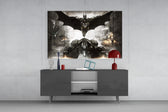 Batman glass wall art catching light to reveal its painted Gotham