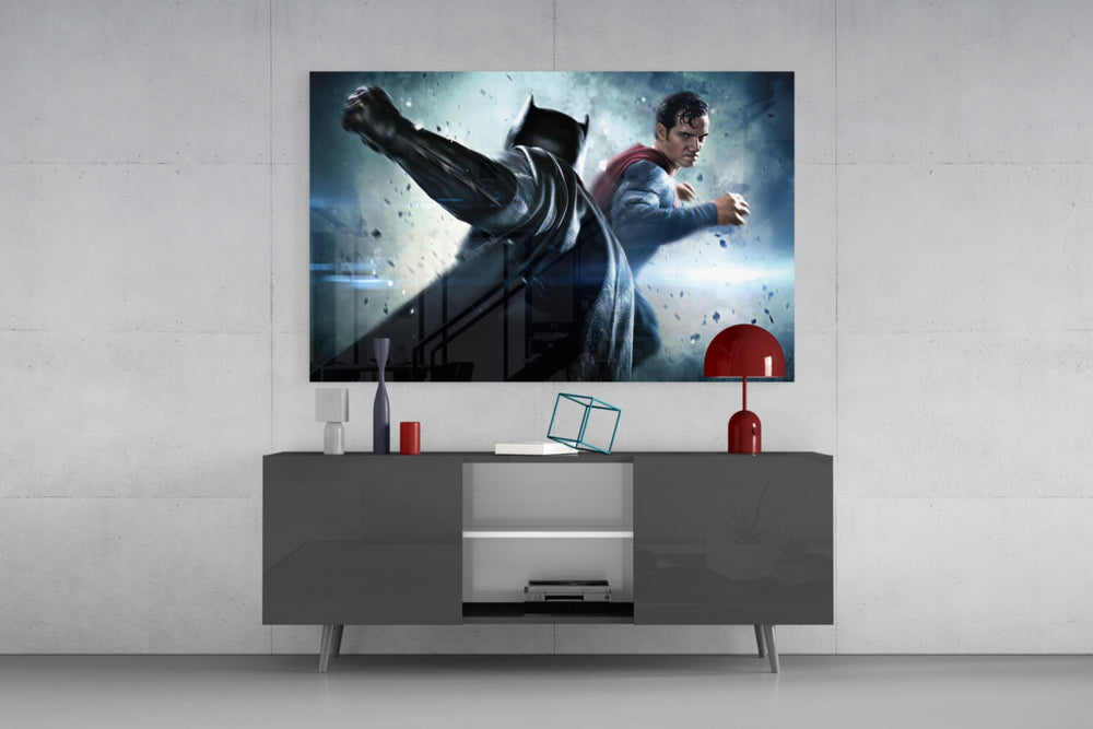 Batman vs Superman glass wall art catching light to reveal its painted ice