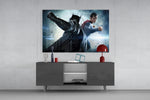 Batman vs Superman glass wall art catching light to reveal its painted ice