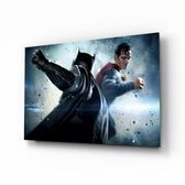Batman vs Superman glass wall art in a modern home cinema