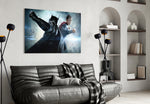 Batman vs Superman artwork styled in a creative loft interior