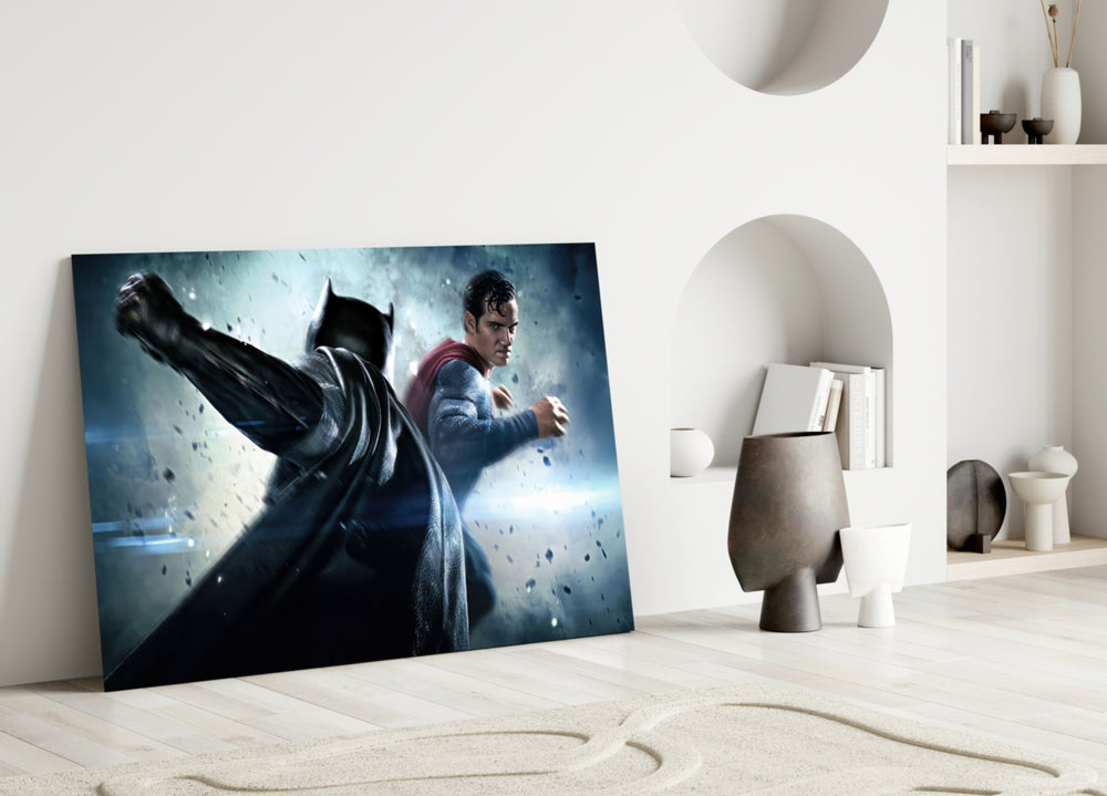 Close-up detail of Batman vs Superman clash behind glass