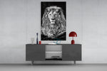 Lion glass wall art catching light to reveal its painted mane