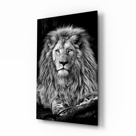 Lion glass wall art in a modern study