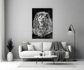 Close-up detail of monochrome lion behind glass