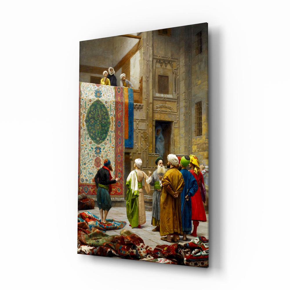 Carpet Seller glass wall art in a modern study